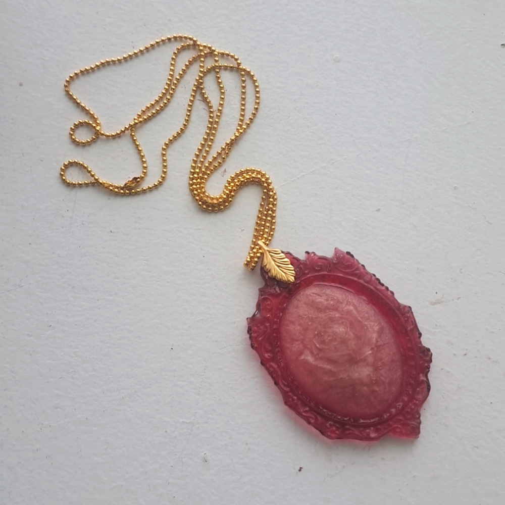 Handmade Artisan Barbie Pink Gold Floral Resin Cameo Necklace Pendant Rose